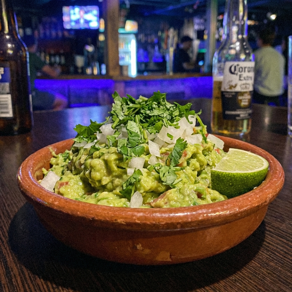 A bowl of guacamole topped with chopped cilantro and diced onion with a lime wedge on the side