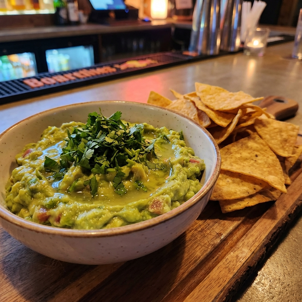 A bowl of guacamole topped with cilantro with tortilla chips on the side