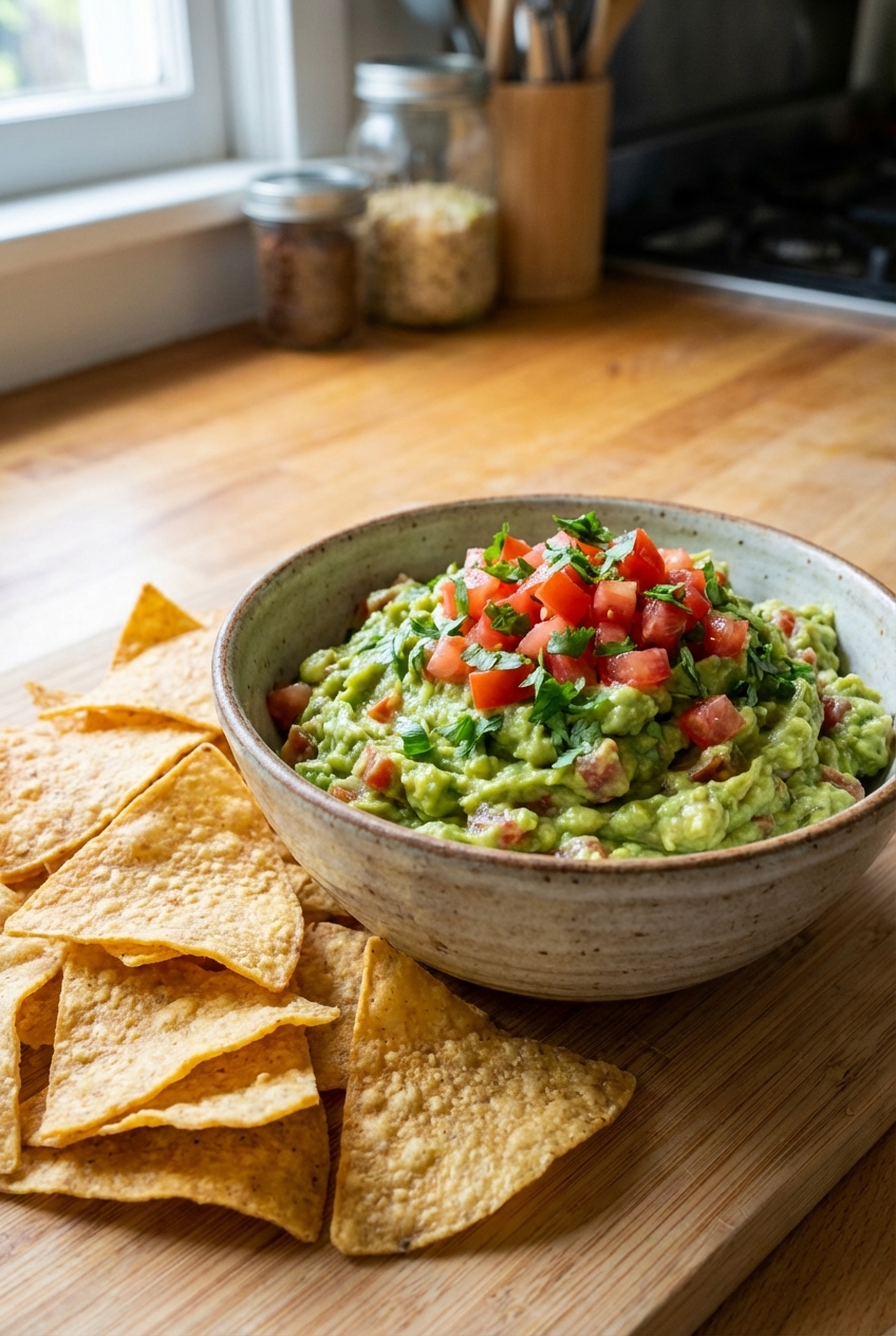 A bowl of guacamole topped with diced tomato and cilantro with tortilla chips beside it