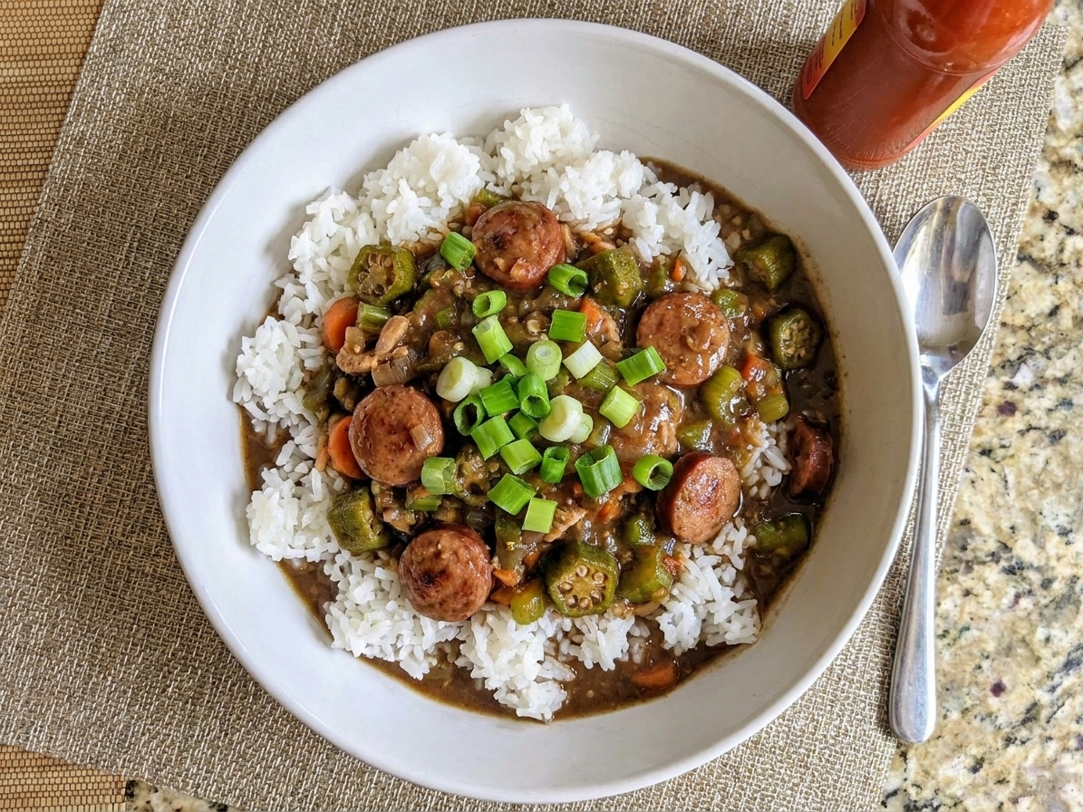 A bowl of gumbo ladled over white rice, topped with sliced green onions, with hot sauce and a spoon on the table