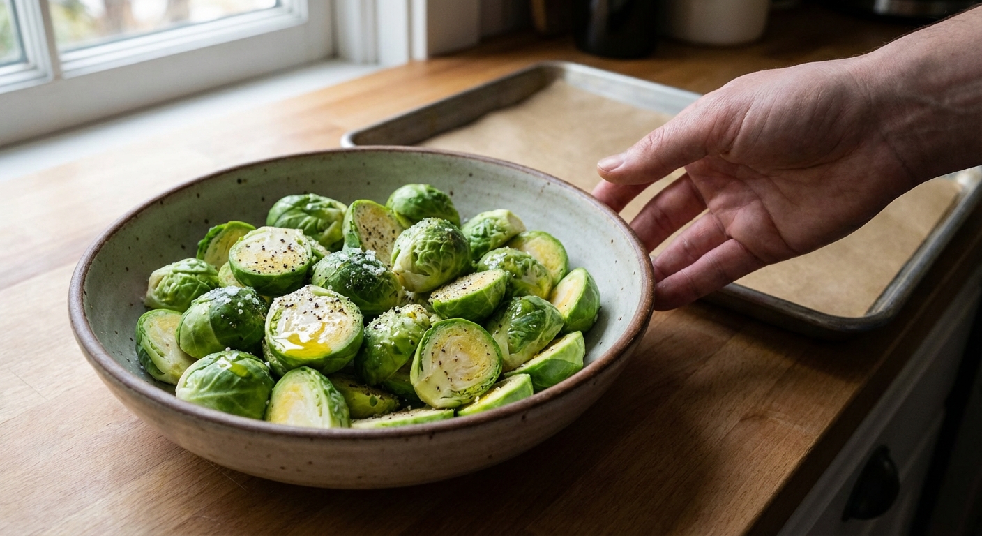 A bowl of halved Brussels sprouts tossed with olive oil, salt, and pepper, ready to roast