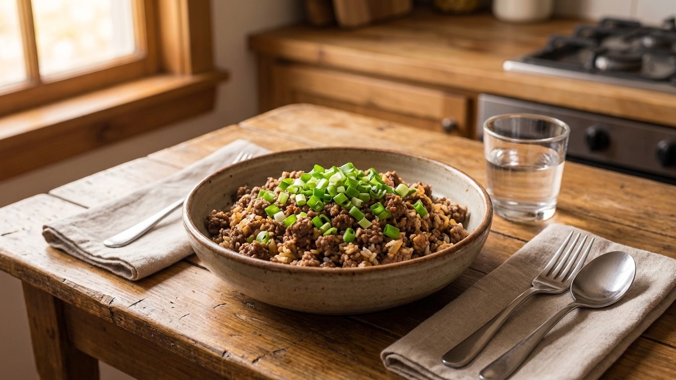 A bowl of hamburger and rice topped with chopped green onions on a dinner table with a simple place setting