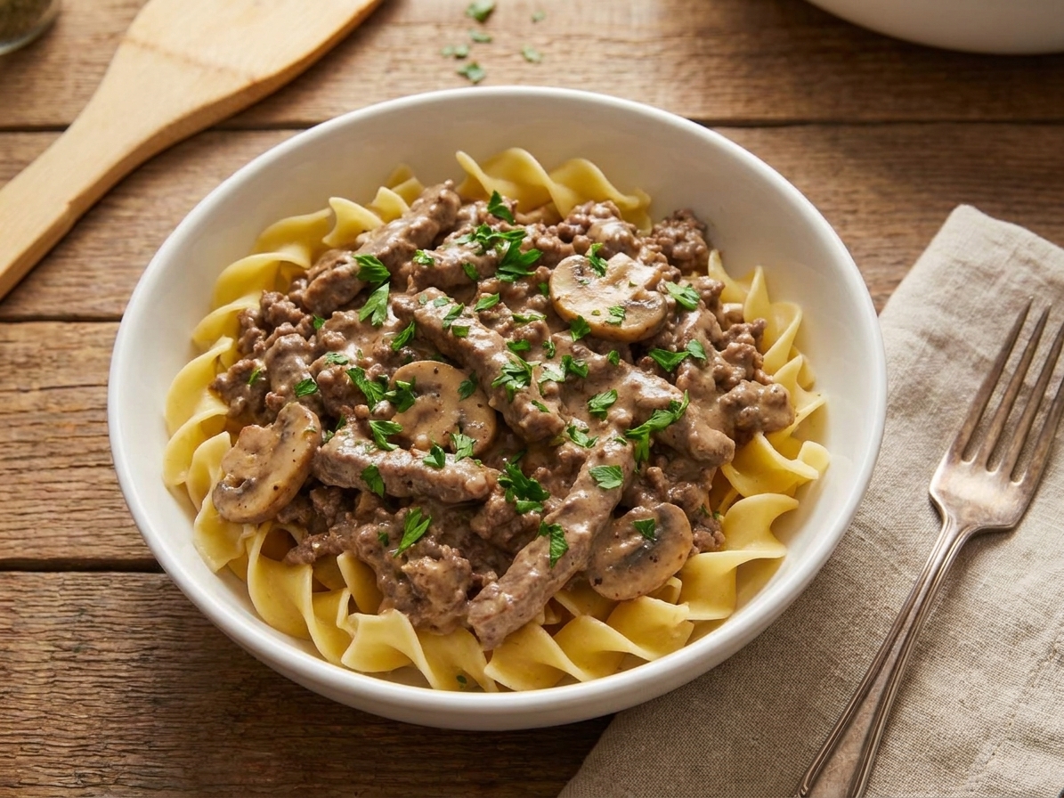 A bowl of hamburger beef stroganoff over egg noodles, topped with chopped parsley, set on a simple table setting with a fork and linen napkin