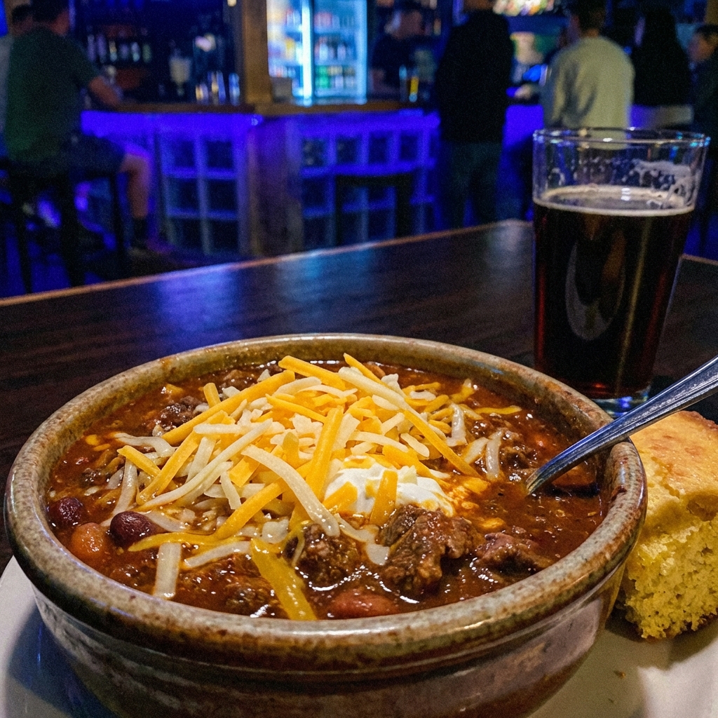 A bowl of hearty beef chili topped with shredded cheese