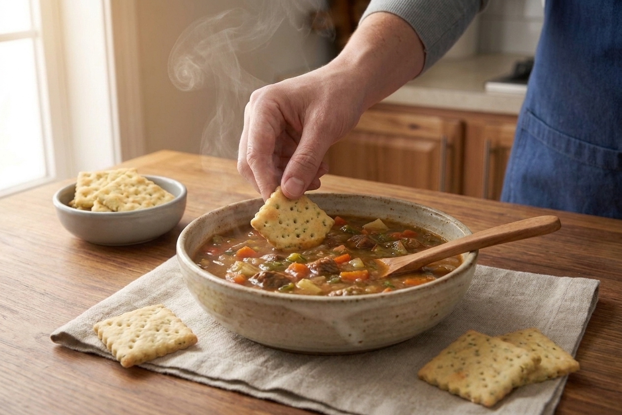 A bowl of hearty soup on a table with a piece of hardtack being dipped into the broth