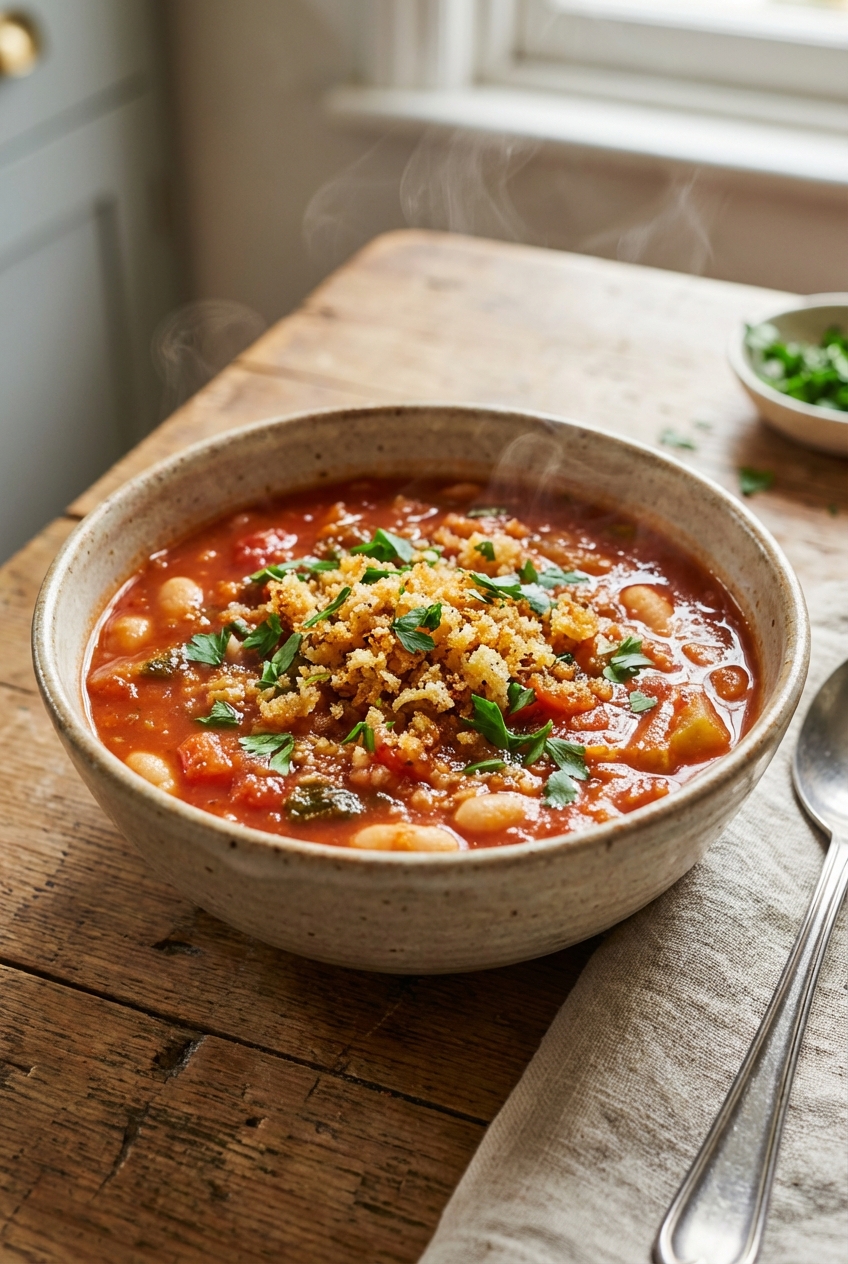 Tomato Vegetable and White Bean Soup with Garlic Breadcrumbs