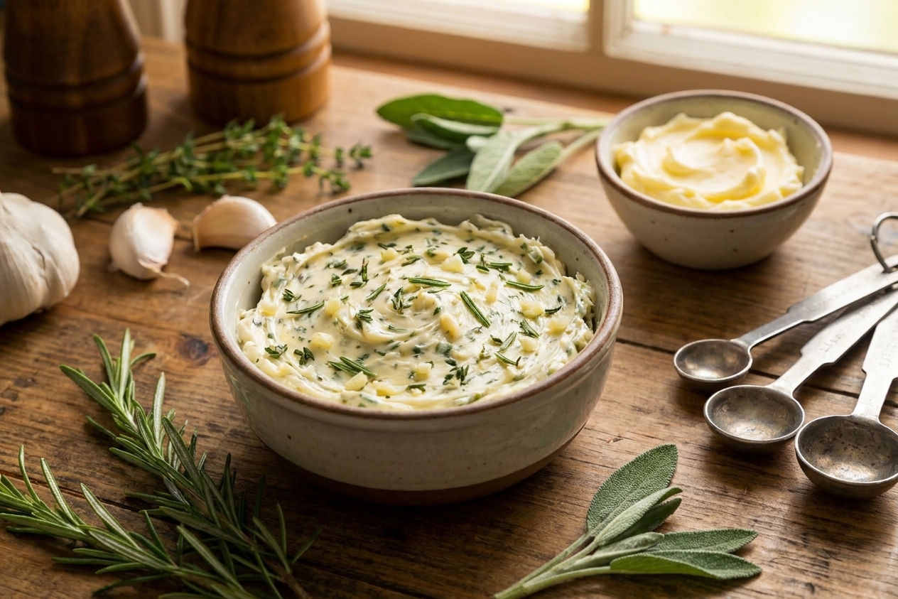 A bowl of herb butter mixed with chopped rosemary, thyme, sage, and garlic on a kitchen counter next to softened butter and measuring spoons in warm natural light