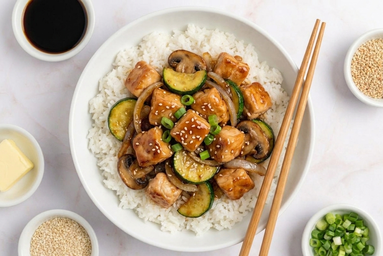 A bowl of hibachi-style chicken over steamed rice with sautéed zucchini and onions, garnished with sliced scallions and sesame seeds on a simple table setting