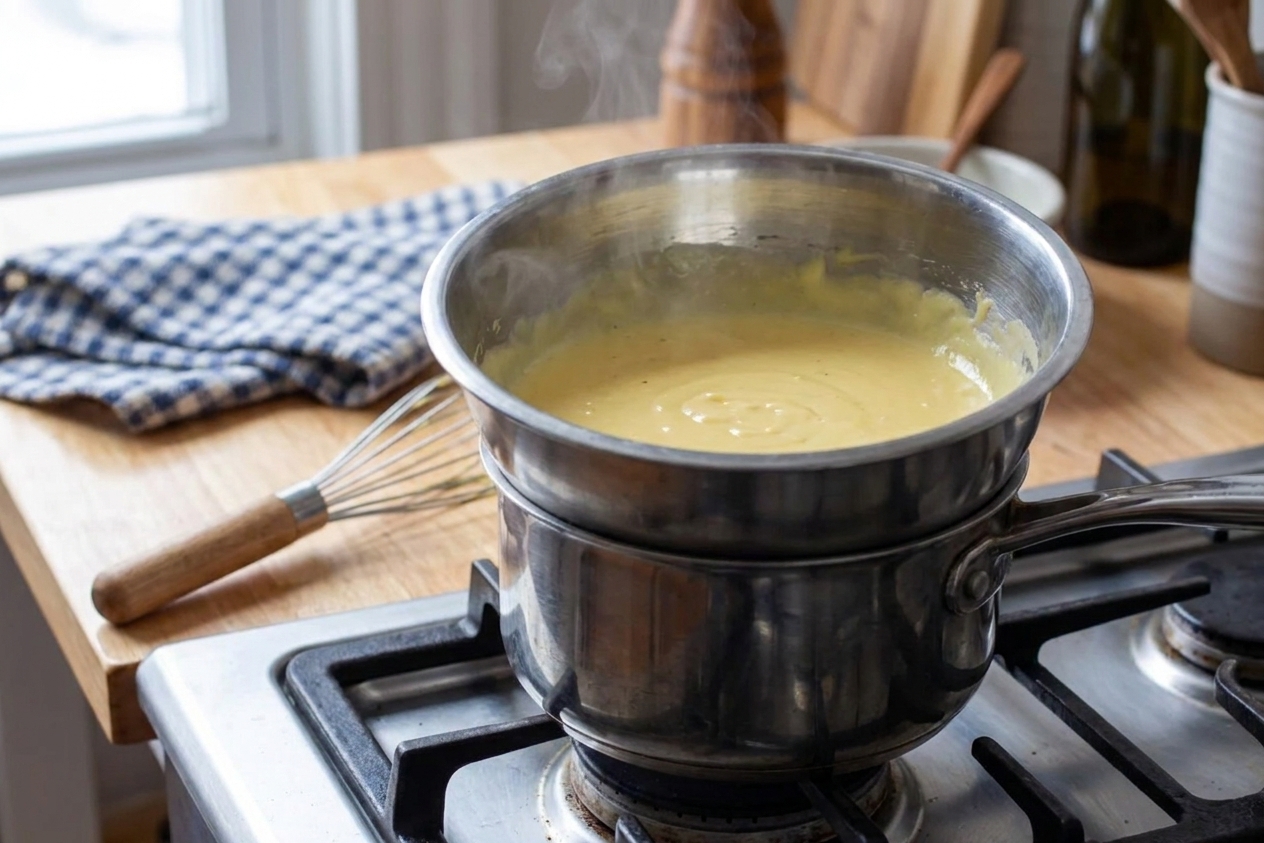 A bowl of hollandaise sauce set over a small pot of warm water on a stove, with a whisk resting nearby