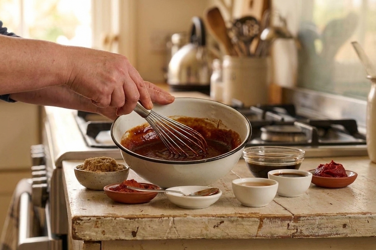 A bowl of homemade BBQ sauce being whisked on a kitchen counter with a spoon and small bowls nearby