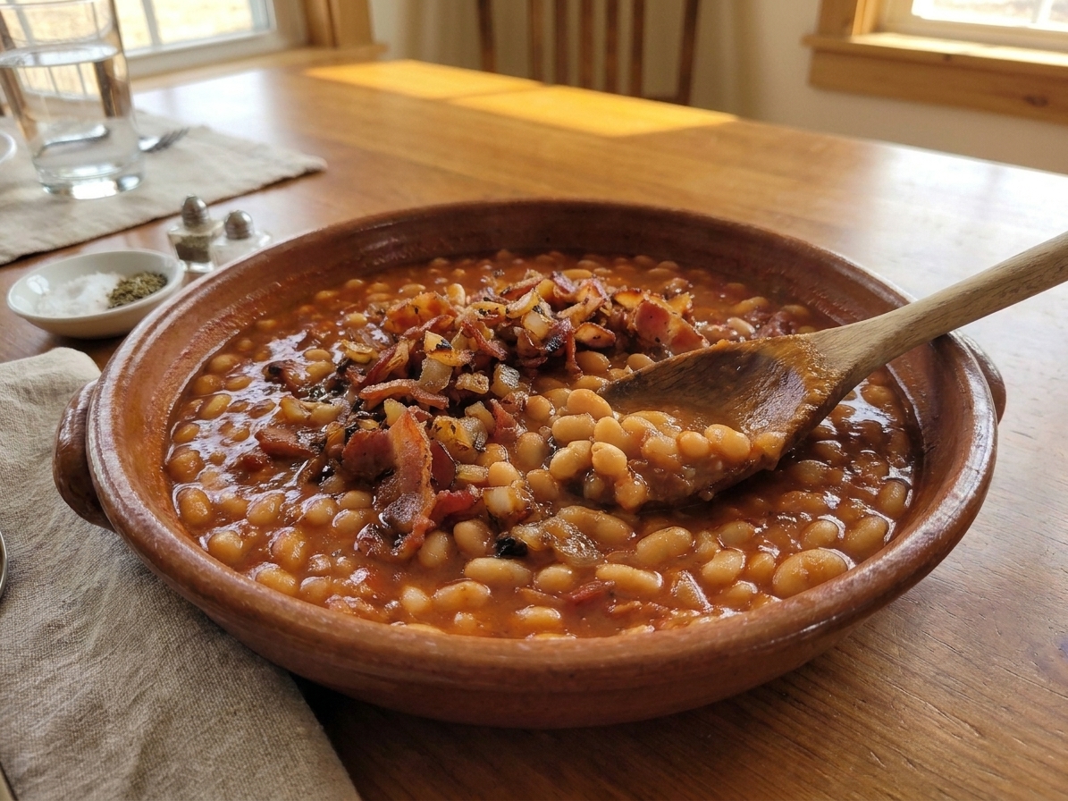 A bowl of homemade pork and beans with bacon pieces and a glossy tomato-based sauce, served on a wooden table with a spoon and a linen napkin