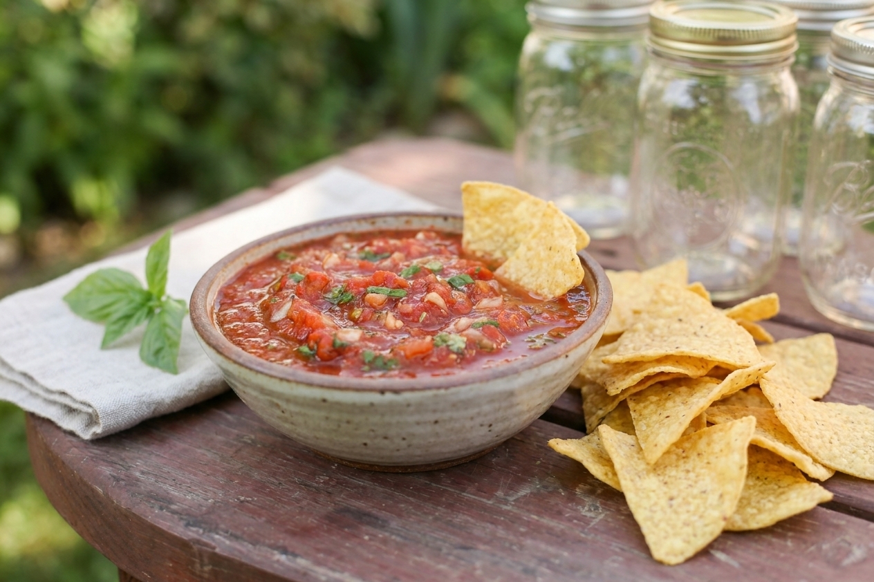 A bowl of homemade red salsa served with tortilla chips on a table