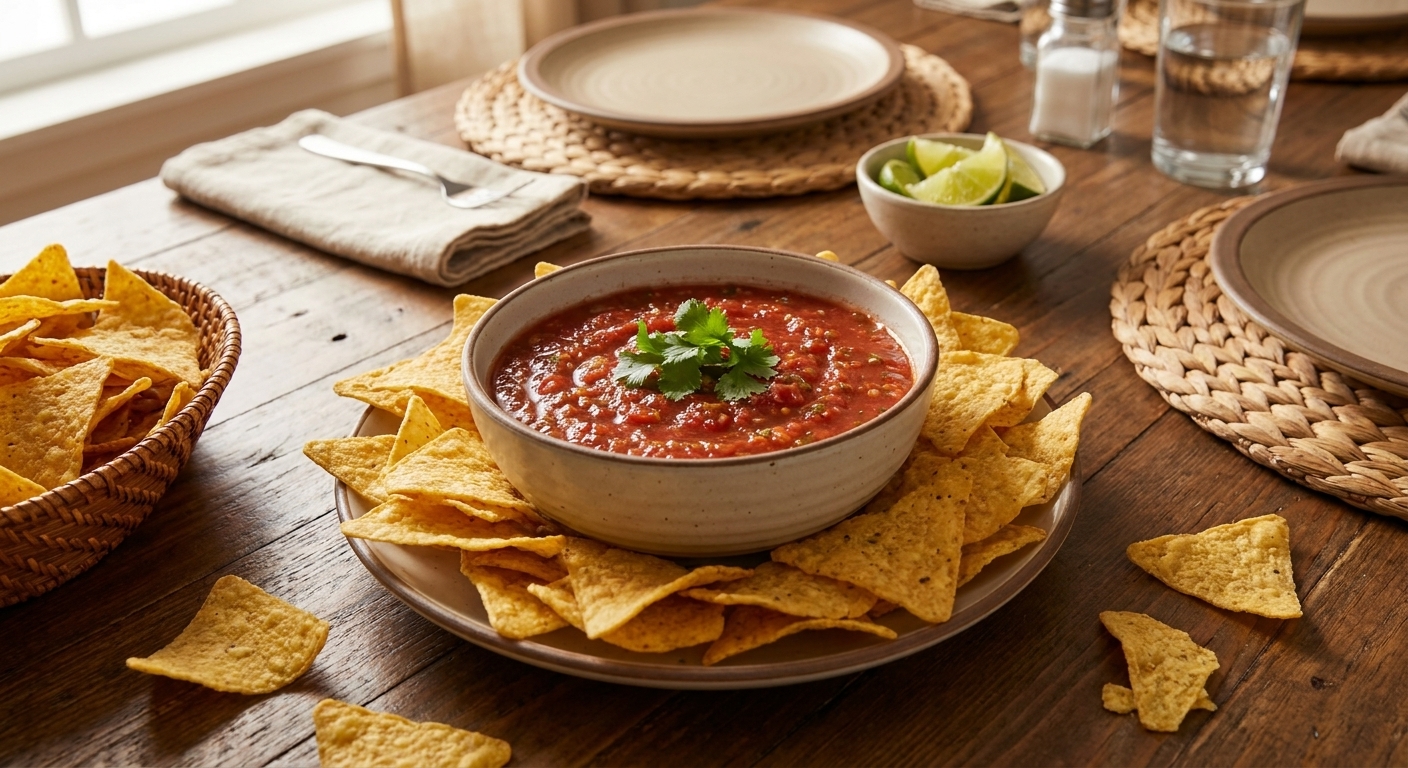 A bowl of homemade salsa surrounded by tortilla chips on a casual dinner table setting