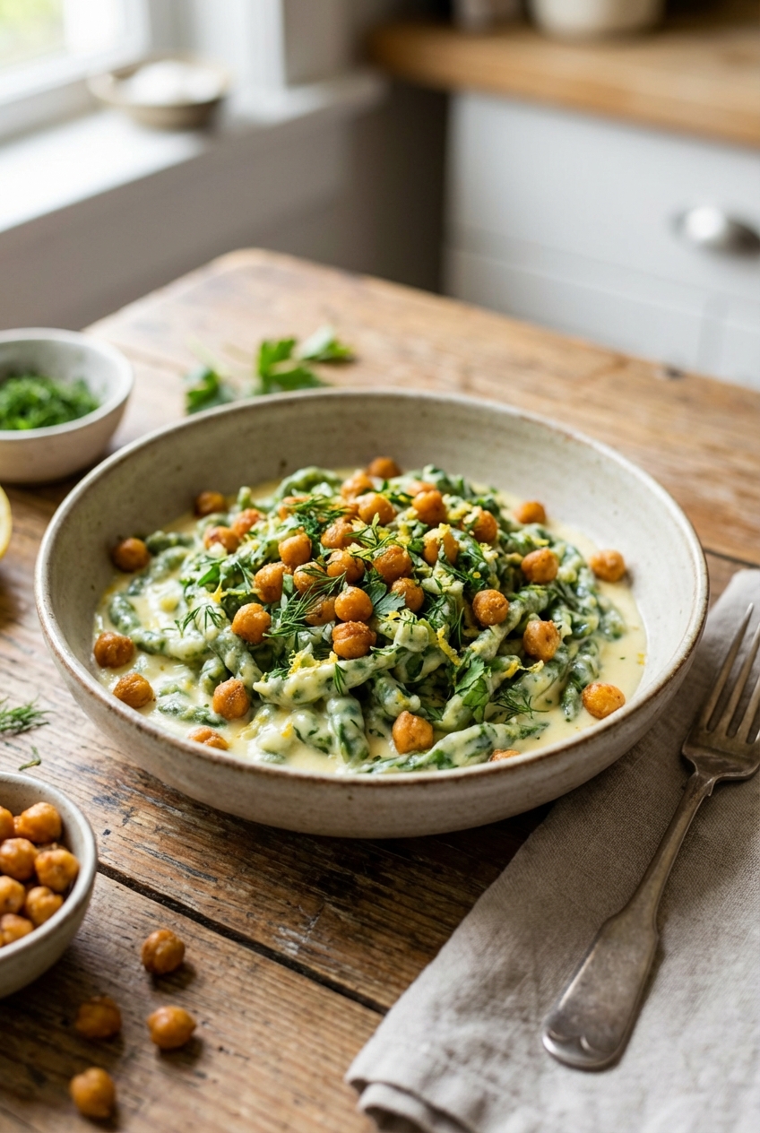 Healthy Spinach Spaetzle With Lemon Yogurt Sauce