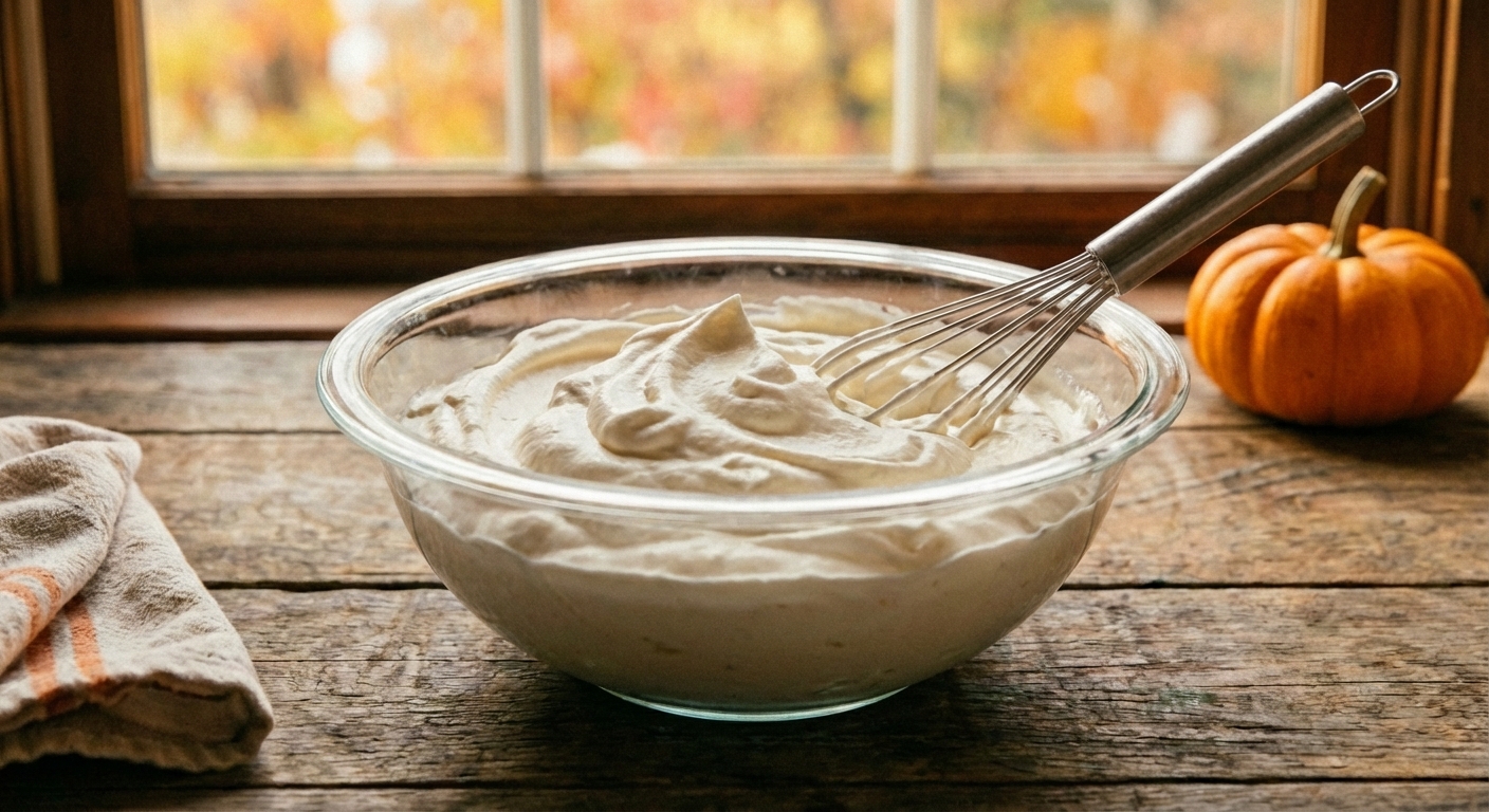 A bowl of homemade whipped cream with soft peaks