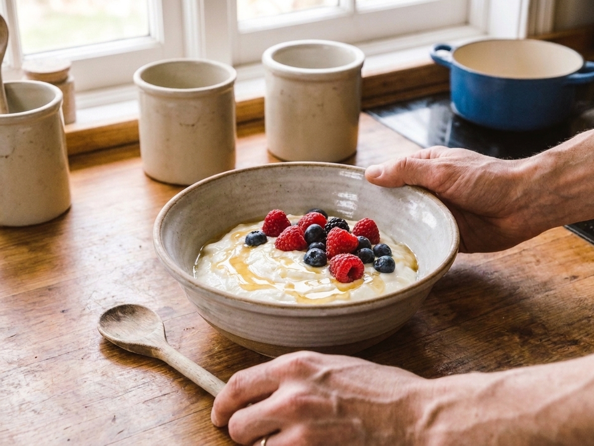 A bowl of homemade yogurt topped with fresh berries and a drizzle of honey with a spoon beside it