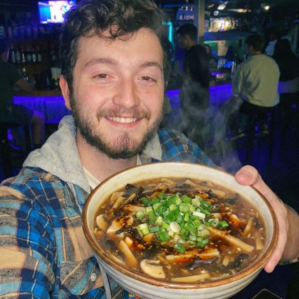A bowl of hot and sour soup with mushrooms and scallions