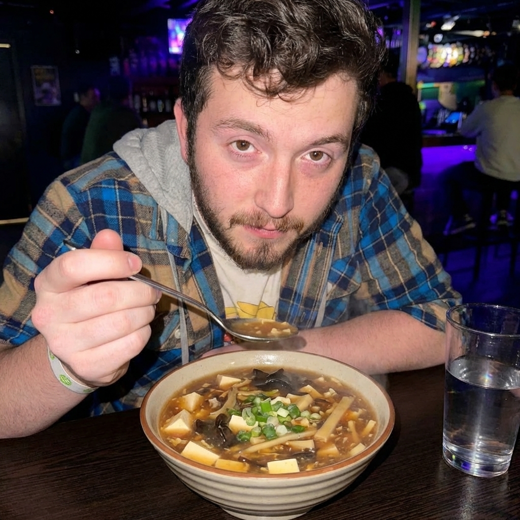 A bowl of hot and sour soup with tofu and mushrooms