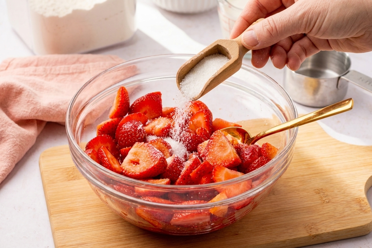 A bowl of hulled and sliced strawberries sprinkled with sugar on a wooden cutting board on a bright kitchen counter