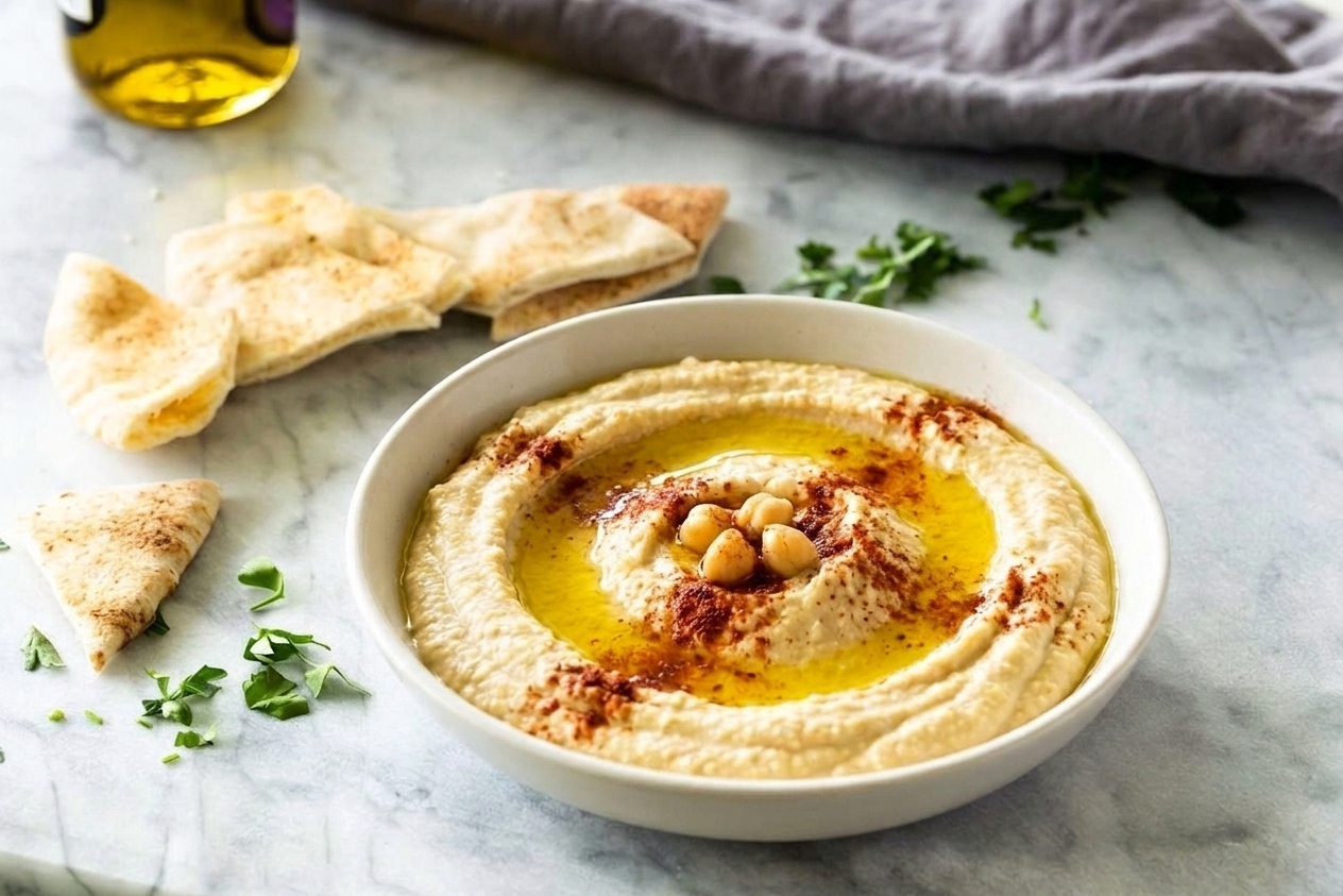 A bowl of hummus swirled with a spoon and topped with a drizzle of olive oil and a sprinkle of paprika on a simple table setting