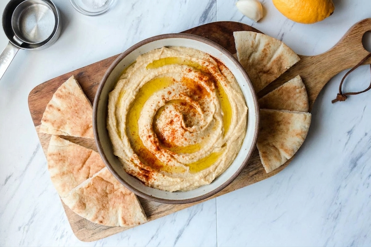 A bowl of hummus with a swirled top, olive oil drizzle, and paprika on a simple table setting with pita wedges