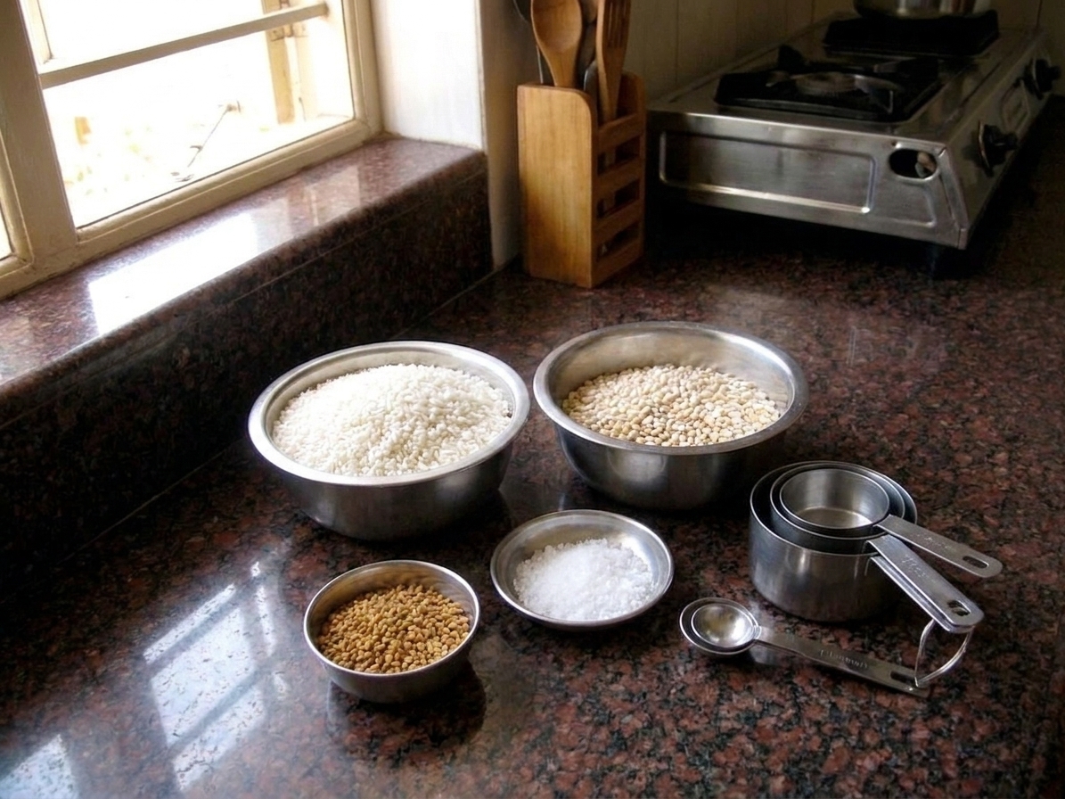 A bowl of idli rice, a bowl of urad dal, fenugreek seeds, and salt arranged on a clean kitchen counter with measuring cups