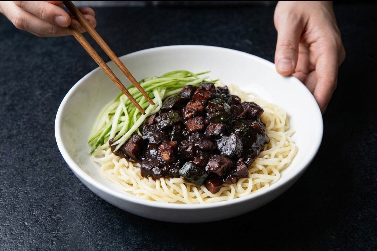 A bowl of jajangmyeon topped with cucumber matchsticks, ready to be stirred together