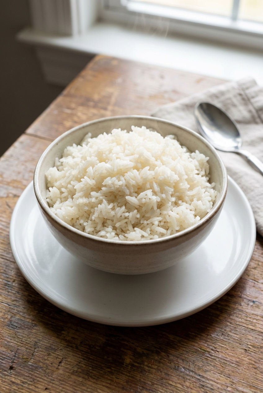 A bowl of jasmine rice with fluffy grains on a white plate