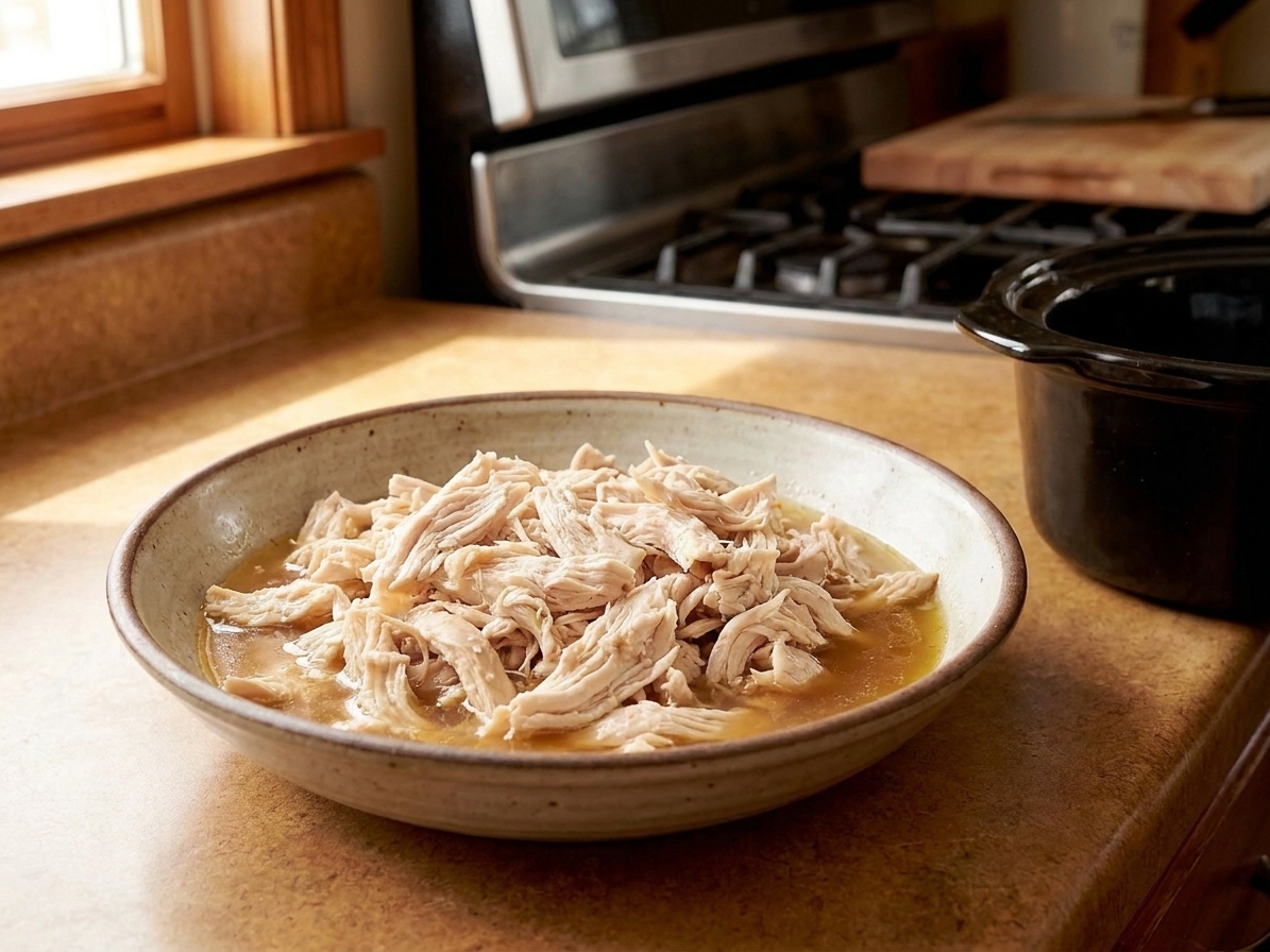 A bowl of juicy shredded chicken with a little cooking broth pooled at the bottom, sitting on a warm-toned kitchen counter next to a slow cooker