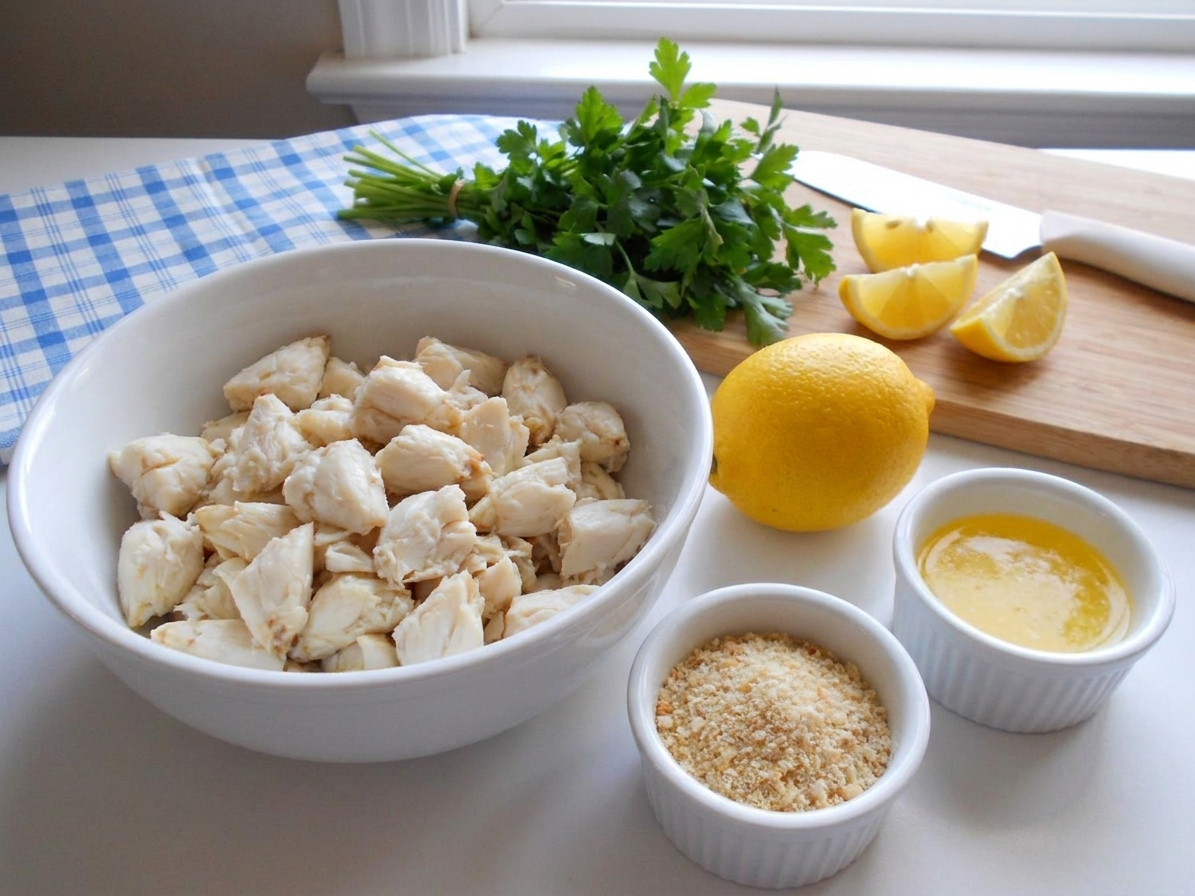A bowl of jumbo lump crab meat on a clean kitchen counter with lemon, parsley, and small prep bowls nearby in soft natural light
