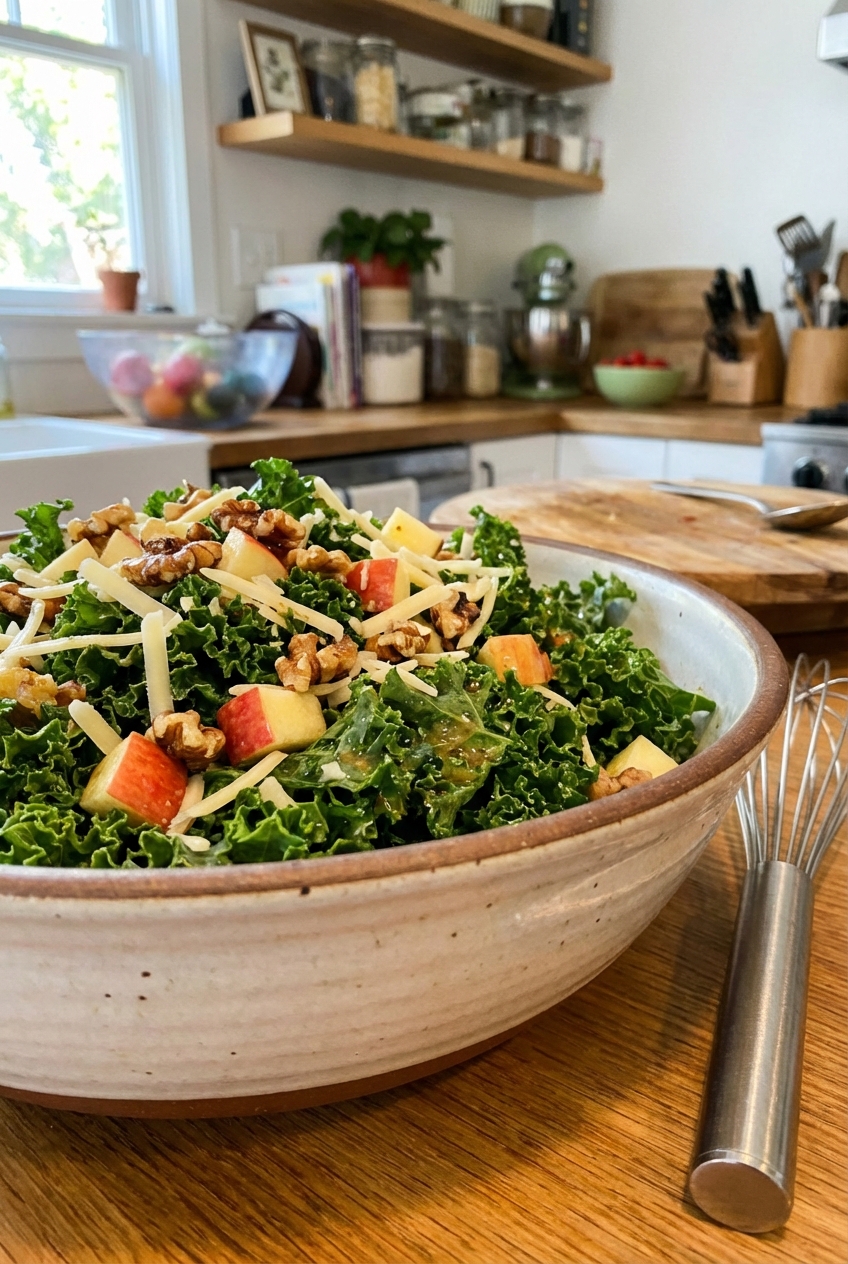 A bowl of kale salad with apples, nuts, and shredded cheese