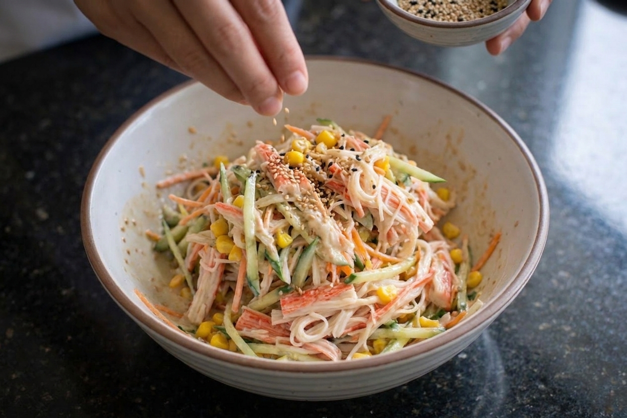A bowl of kani salad topped with sesame seeds right before serving