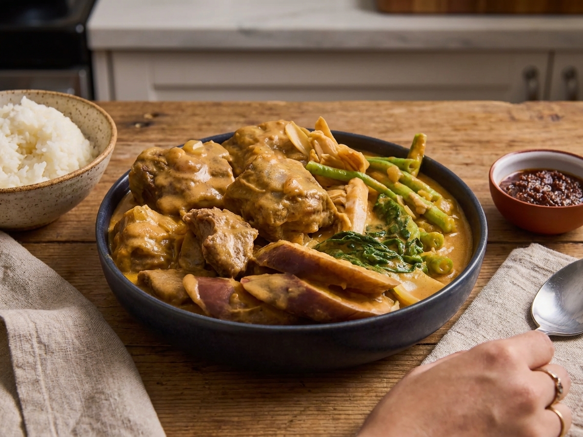 A bowl of kare kare with tender beef and vegetables in a glossy peanut sauce, served with rice and a small dish of bagoong on a warm kitchen table