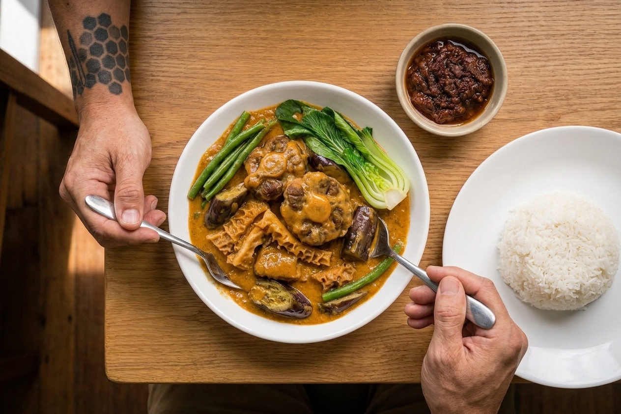 A bowl of kare-kare with tender beef and vegetables in a creamy peanut sauce, served with steamed rice on a warm wooden table