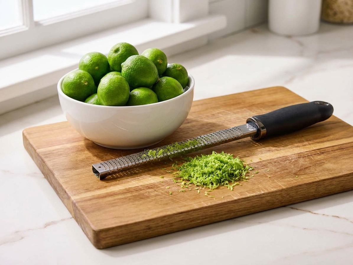 A bowl of key limes with a microplane zester and a small pile of fresh lime zest on a wooden cutting board