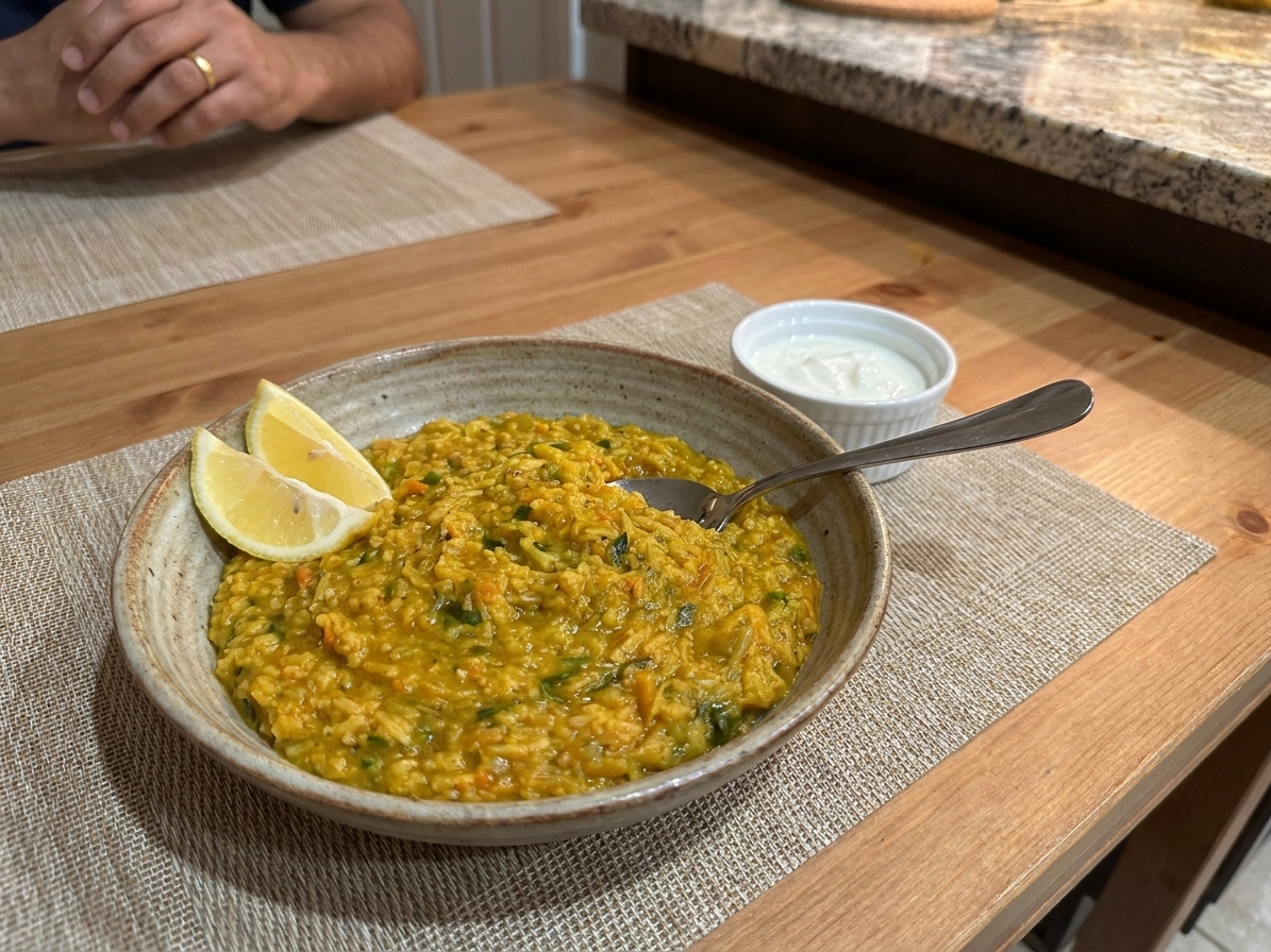 A bowl of khichdi served with lemon wedges and a small dish of yogurt on a simple dinner table setting