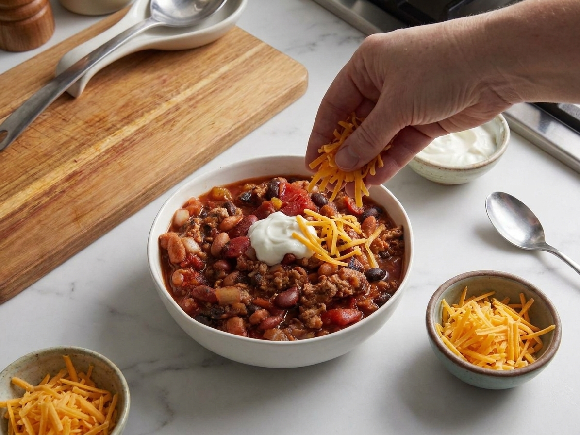 A bowl of kidney bean chili being topped with shredded cheddar and a dollop of sour cream on a kitchen counter