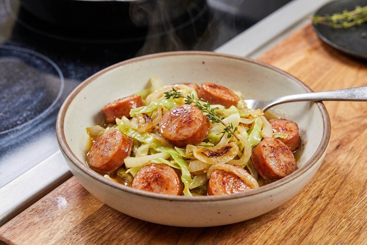 A bowl of kielbasa and sautéed cabbage with onions, lightly glossy from pan juices, ready to eat