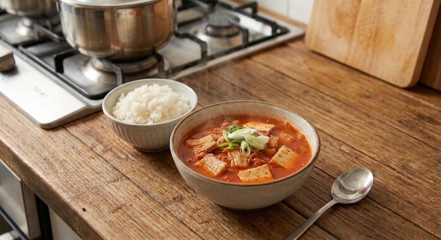A bowl of kimchi soup topped with sliced scallions and tofu, set on a table with a bowl of steamed rice and a spoon