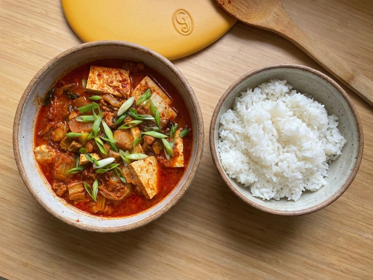 A bowl of kimchi stew with tofu slices and scallions on top, served alongside a bowl of white rice on a wooden table