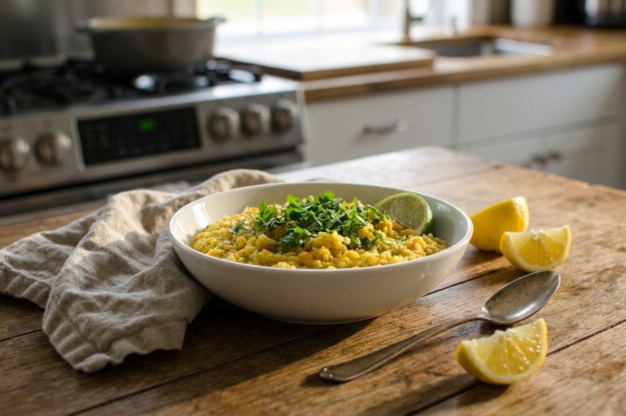 A bowl of kitchari on a dinner table set with a linen napkin, spoon, and lemon wedges in warm evening light