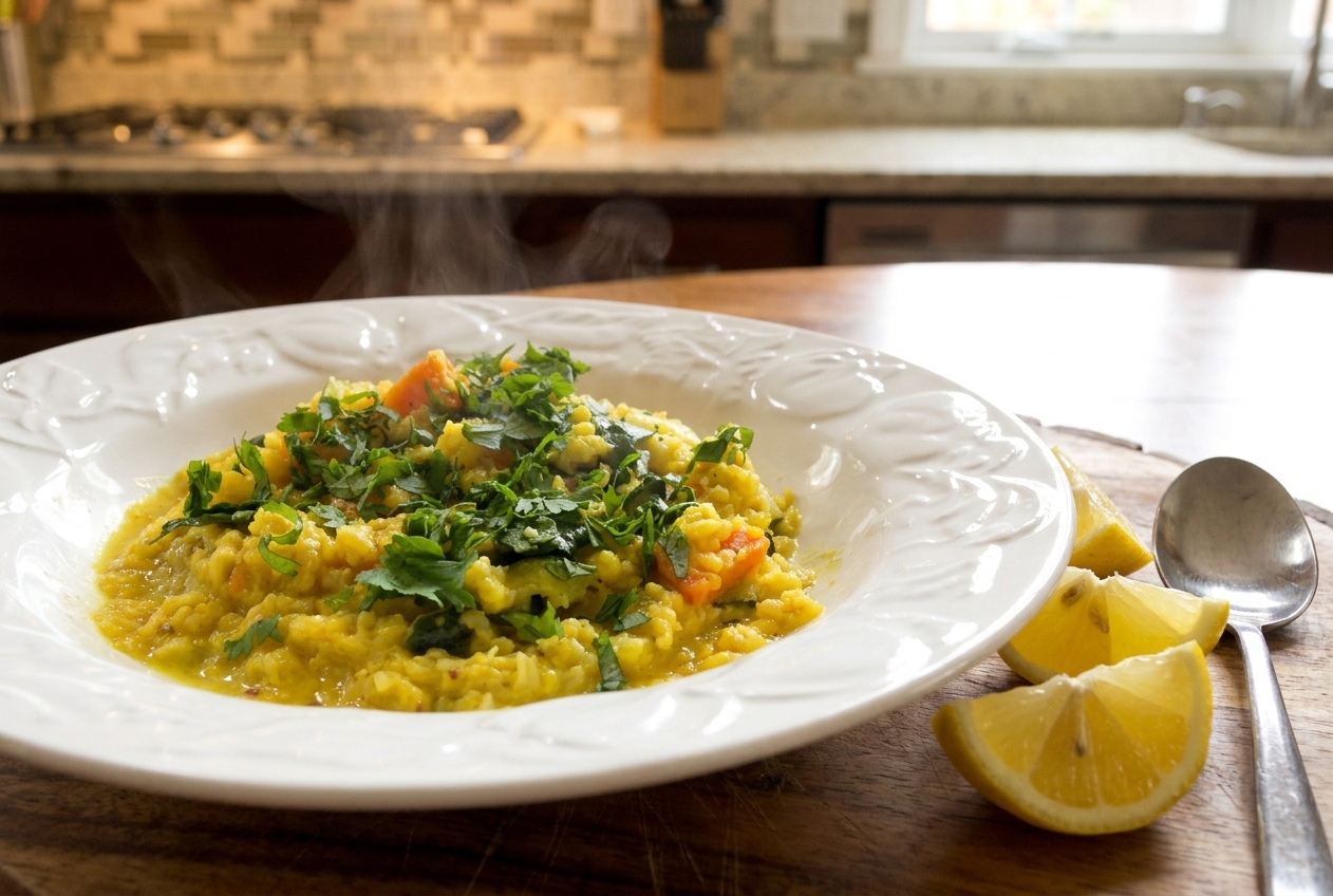 A bowl of kitchari topped with chopped cilantro, served with lemon wedges and a spoon on a simple table setting