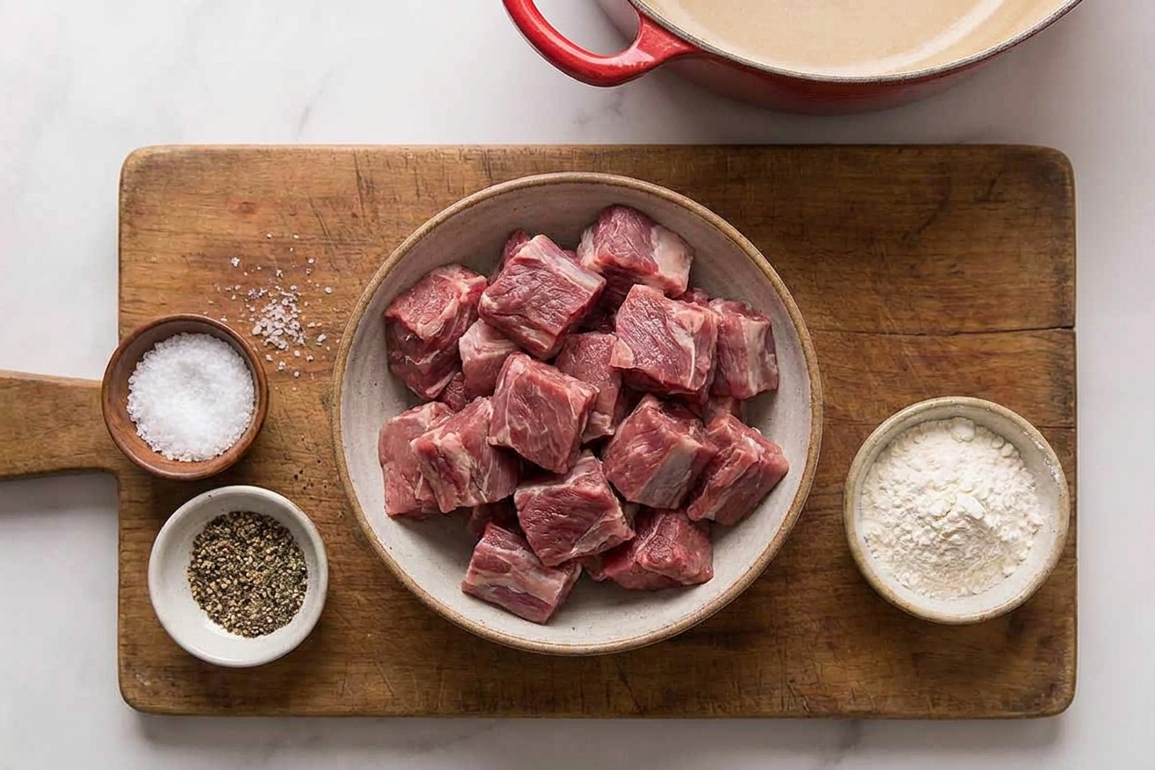 A bowl of lamb shoulder cut into stew-sized chunks on a wooden cutting board next to salt, pepper, and flour