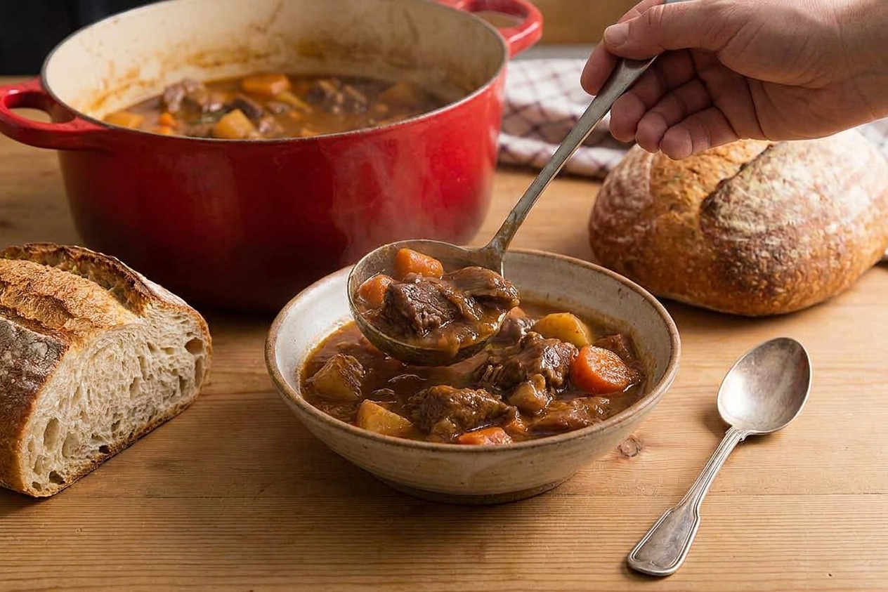 A bowl of lamb stew being ladled at a simple dinner table, with crusty bread and a spoon beside the bowl