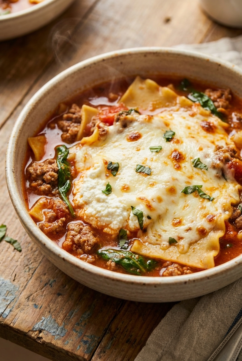 A bowl of lasagna soup with a spoonful of ricotta and melted mozzarella on top