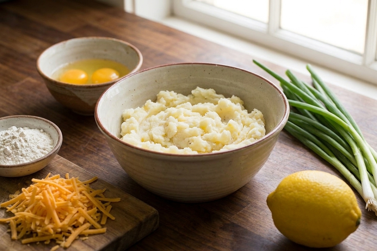 A bowl of leftover mashed potatoes on a kitchen counter next to eggs, flour, shredded cheddar, green onions, and a lemon, laid out for cooking