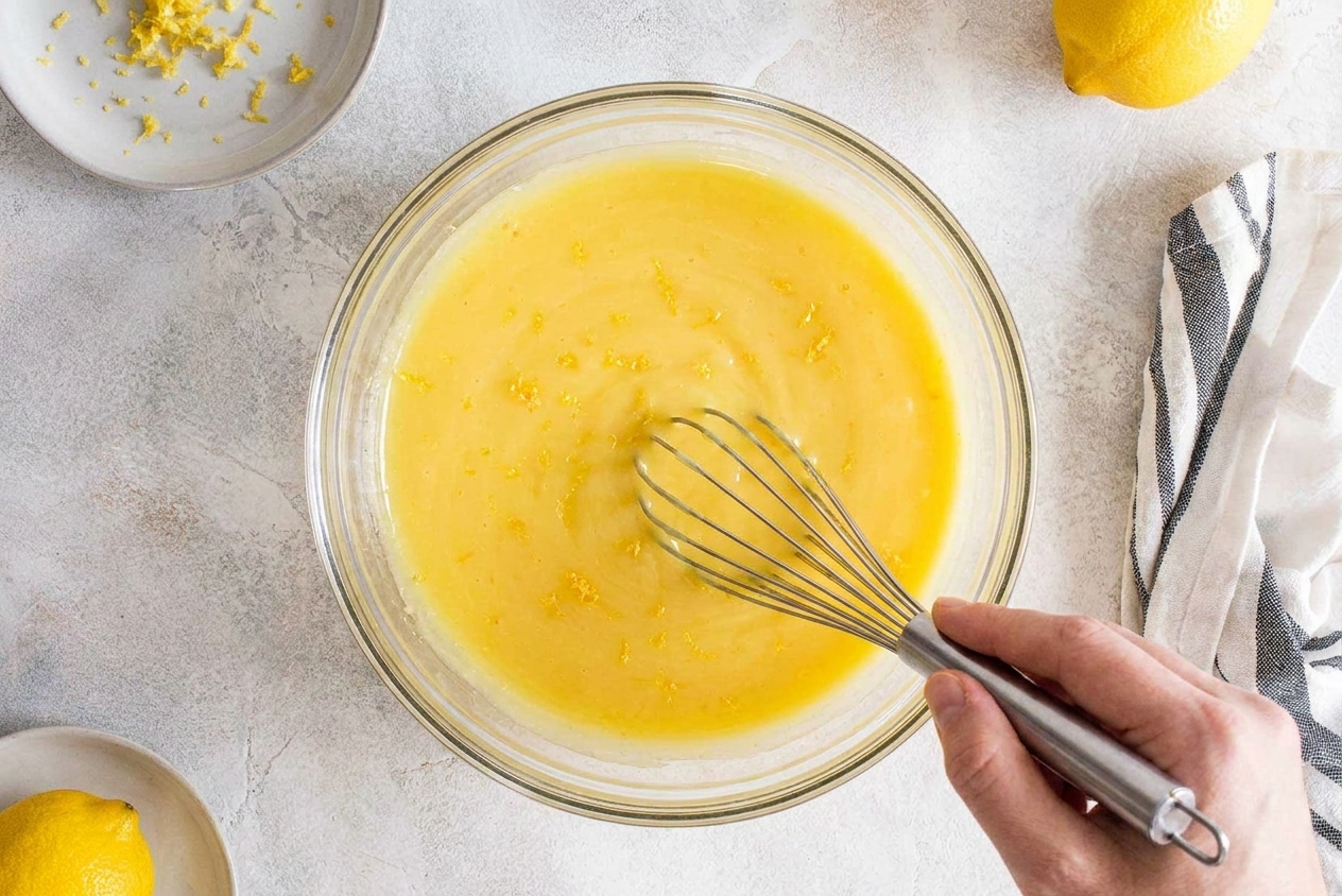 A bowl of lemon filling being whisked until smooth, with lemon zest visible on the surface on a light stone countertop