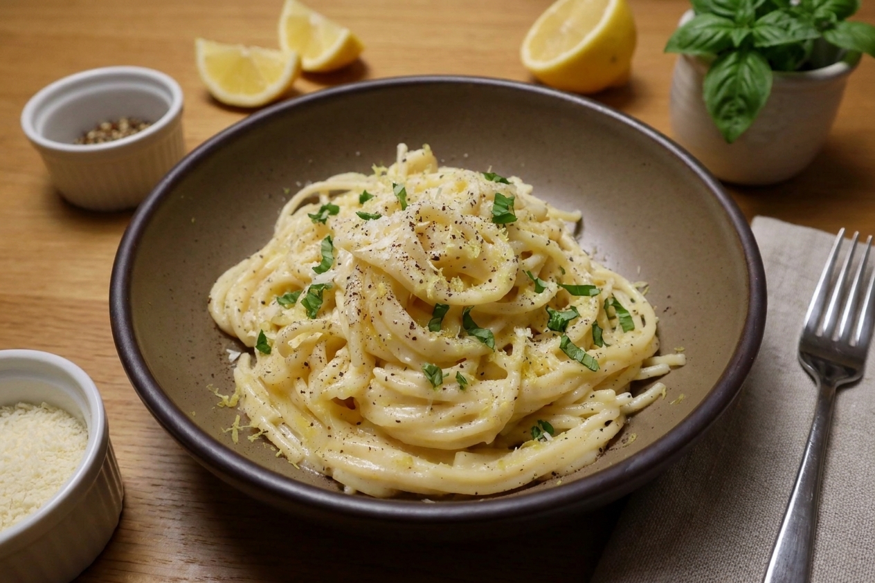 A bowl of lemon garlic butter pasta topped with grated Parmesan and chopped herbs on a simple dinner table setting