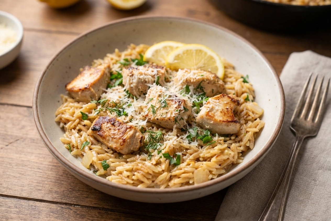 A bowl of lemon garlic chicken and orzo topped with parmesan and chopped herbs on a simple dinner table setting