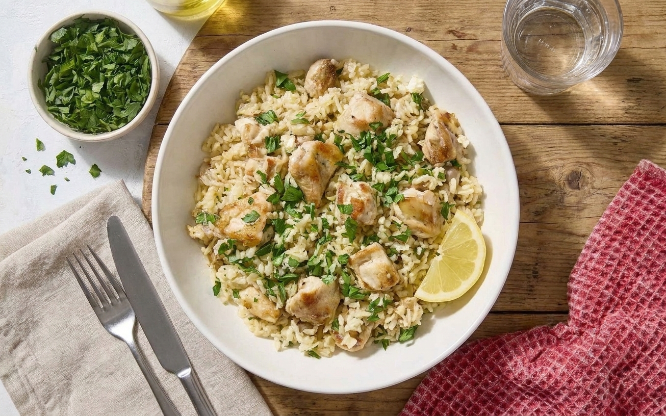 A bowl of lemon garlic chicken and rice garnished with parsley and a lemon wedge on a simple dinner table setting